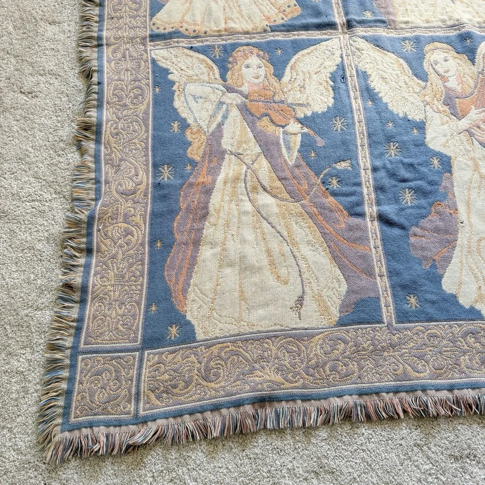 VTG Goodwin Weavers Angels Holiday Cotton Tapestry Throw Blanket Made In USA